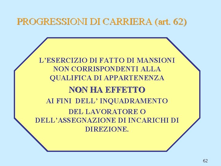 PROGRESSIONI DI CARRIERA (art. 62) L’ESERCIZIO DI FATTO DI MANSIONI NON CORRISPONDENTI ALLA QUALIFICA