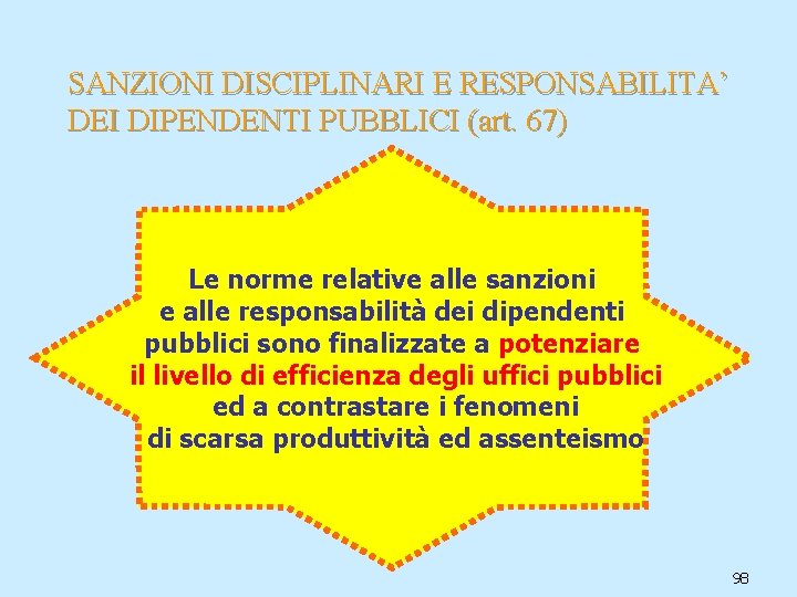 SANZIONI DISCIPLINARI E RESPONSABILITA’ DEI DIPENDENTI PUBBLICI (art. 67) Le norme relative alle sanzioni