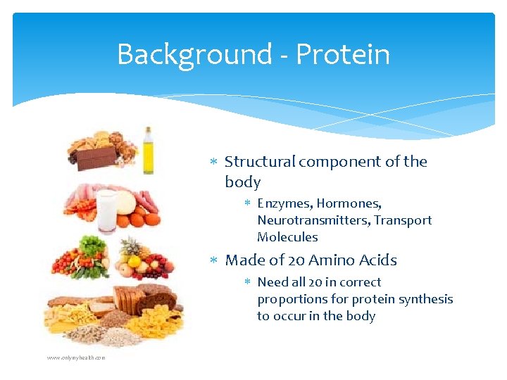 Background - Protein Structural component of the body Enzymes, Hormones, Neurotransmitters, Transport Molecules Made