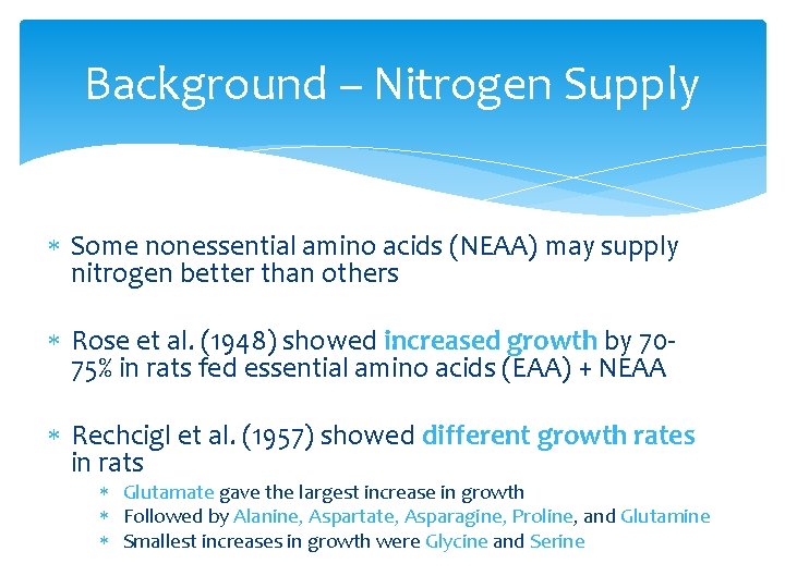 Background – Nitrogen Supply Some nonessential amino acids (NEAA) may supply nitrogen better than