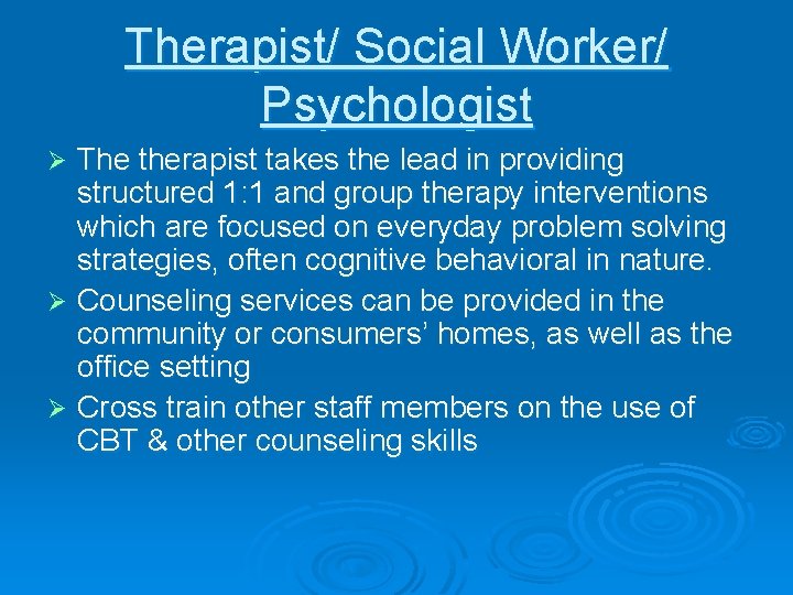 Therapist/ Social Worker/ Psychologist The therapist takes the lead in providing structured 1: 1
