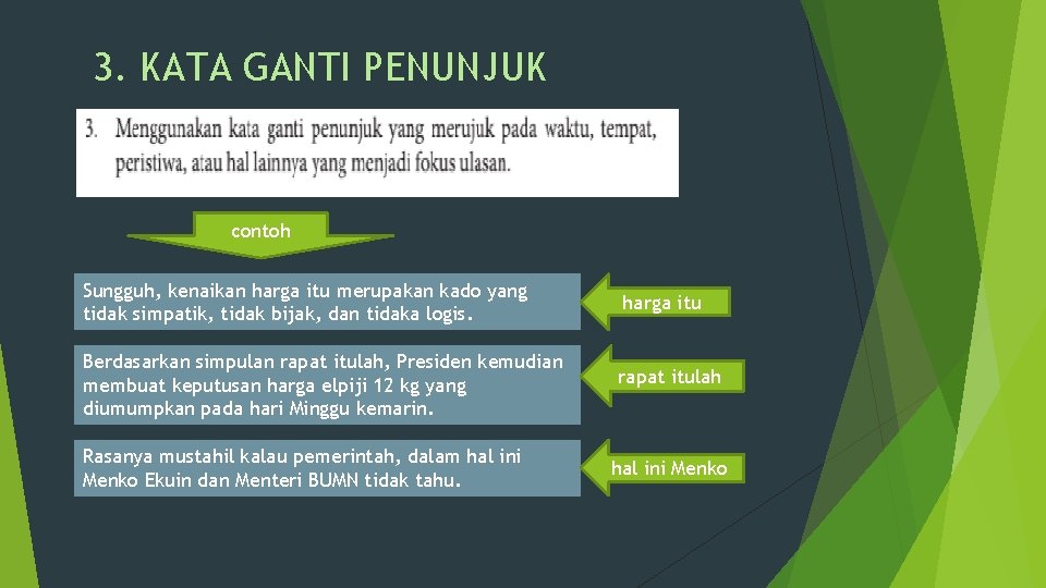 3. KATA GANTI PENUNJUK contoh Sungguh, kenaikan harga itu merupakan kado yang tidak simpatik,
