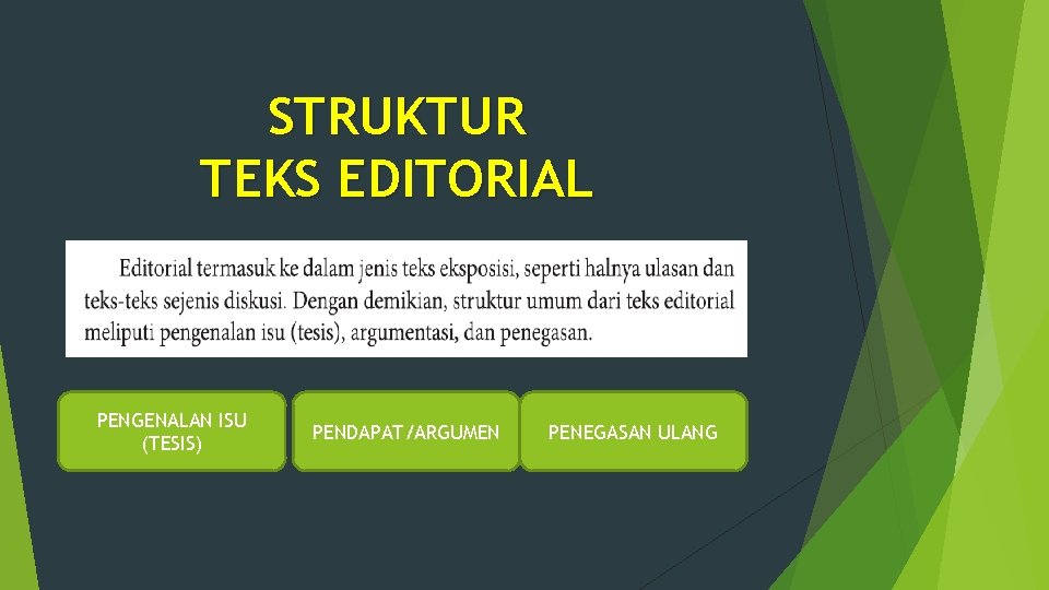 STRUKTUR TEKS EDITORIAL PENGENALAN ISU (TESIS) PENDAPAT/ARGUMEN PENEGASAN ULANG 