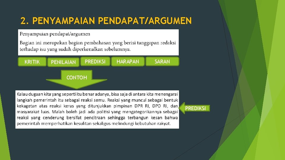 2. PENYAMPAIAN PENDAPAT/ARGUMEN KRITIK PENILAIAN PREDIKSI HARAPAN SARAN CONTOH PREDIKSI 