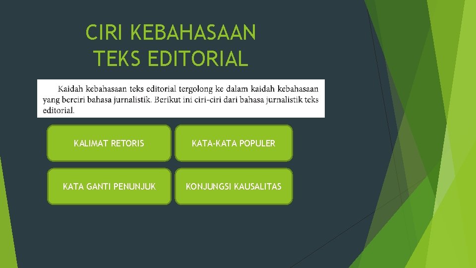 CIRI KEBAHASAAN TEKS EDITORIAL KALIMAT RETORIS KATA-KATA POPULER KATA GANTI PENUNJUK KONJUNGSI KAUSALITAS 