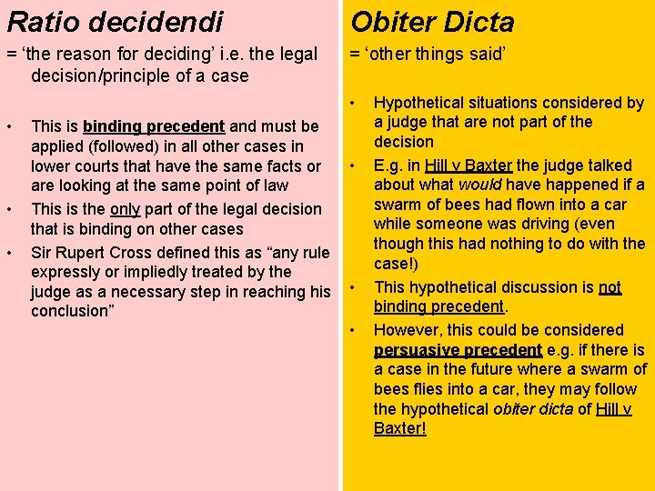 Ratio decidendi Obiter Dicta = ‘the reason for deciding’ i. e. the legal decision/principle