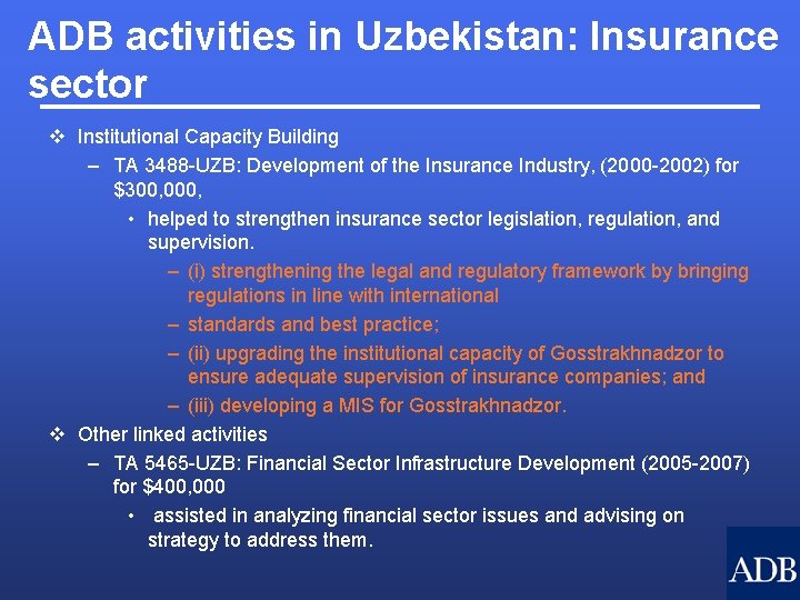 ADB activities in Uzbekistan: Insurance sector v Institutional Capacity Building – TA 3488 -UZB: