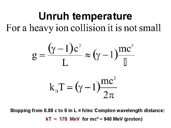 Unruh temperature Stopping from 0. 88 c to 0 in L = ħ/mc Compton