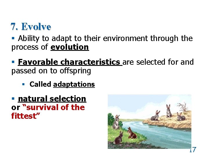 7. Evolve § Ability to adapt to their environment through the process of evolution