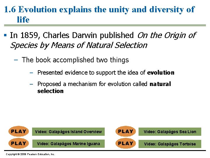 1. 6 Evolution explains the unity and diversity of life § In 1859, Charles