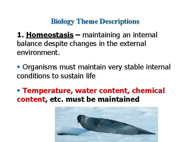 Biology Theme Descriptions 1. Homeostasis – maintaining an internal balance despite changes in the