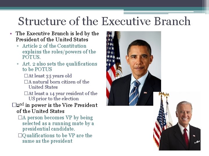 Structure of the Executive Branch • The Executive Branch is led by the President