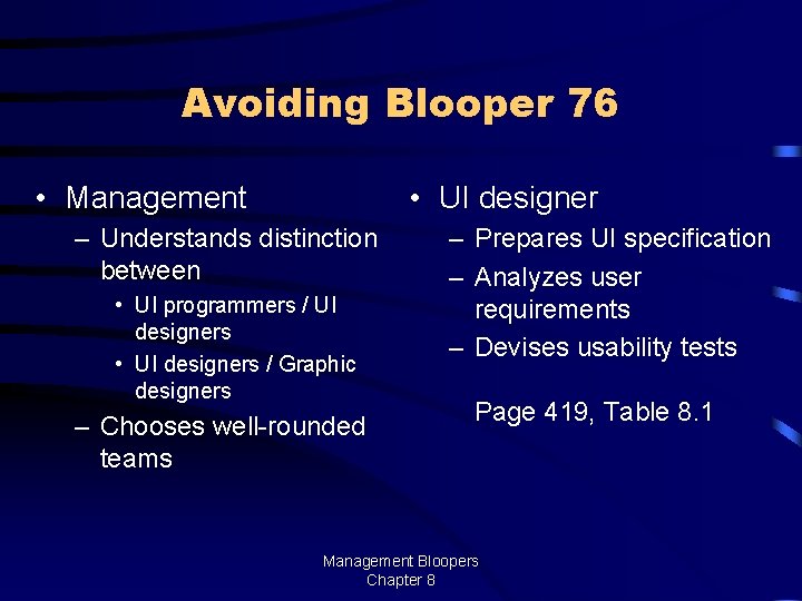 Avoiding Blooper 76 • Management • UI designer – Understands distinction between • UI