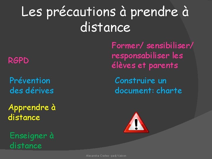 Les précautions à prendre à distance RGPD Prévention des dérives Former/ sensibiliser/ responsabiliser les