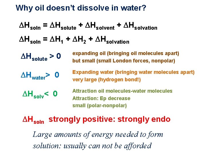 Why oil doesn’t dissolve in water? Hsoln = Hsolute + Hsolvent + Hsolvation Hsoln