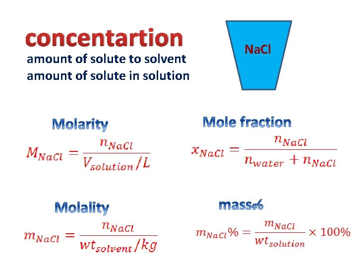 concentartion amount of solute to solvent amount of solute in solution Na. Cl 