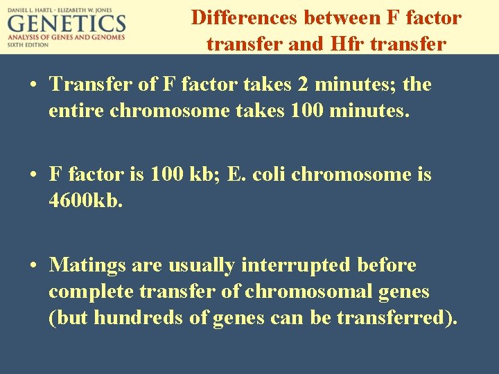 Differences between F factor transfer and Hfr transfer • Transfer of F factor takes