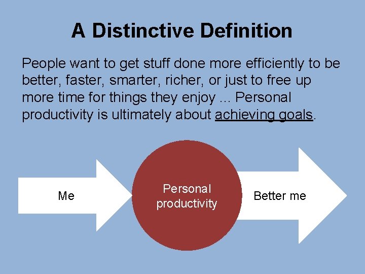 A Distinctive Definition People want to get stuff done more efficiently to be better,