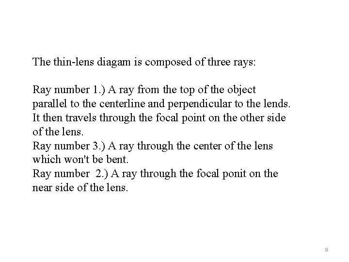 The thin-lens diagam is composed of three rays: Ray number 1. ) A ray