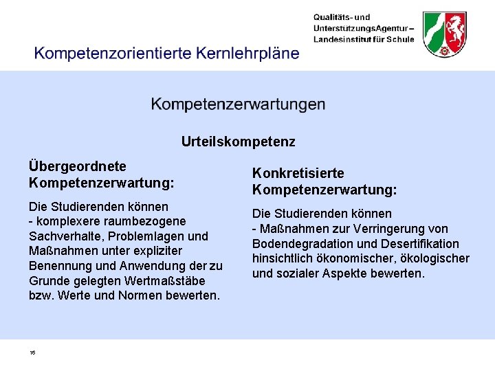 Urteilskompetenz Übergeordnete Kompetenzerwartung: Die Studierenden können - komplexere raumbezogene Sachverhalte, Problemlagen und Maßnahmen unter