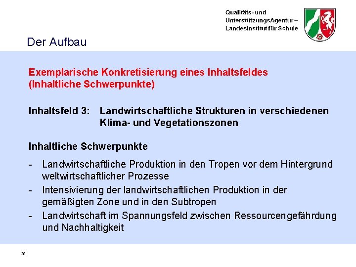 Der Aufbau Exemplarische Konkretisierung eines Inhaltsfeldes (Inhaltliche Schwerpunkte) Inhaltsfeld 3: Landwirtschaftliche Strukturen in verschiedenen