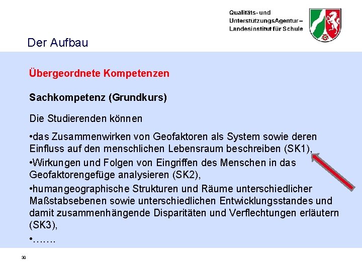 Der Aufbau Übergeordnete Kompetenzen Sachkompetenz (Grundkurs) Die Studierenden können • das Zusammenwirken von Geofaktoren