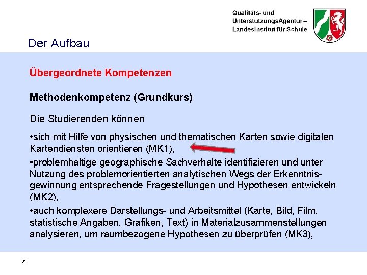 Der Aufbau Übergeordnete Kompetenzen Methodenkompetenz (Grundkurs) Die Studierenden können • sich mit Hilfe von
