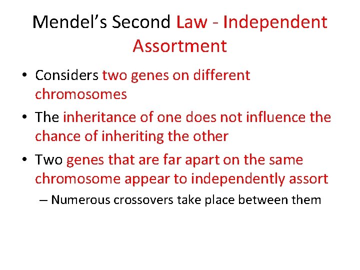 Mendel’s Second Law - Independent Assortment • Considers two genes on different chromosomes •