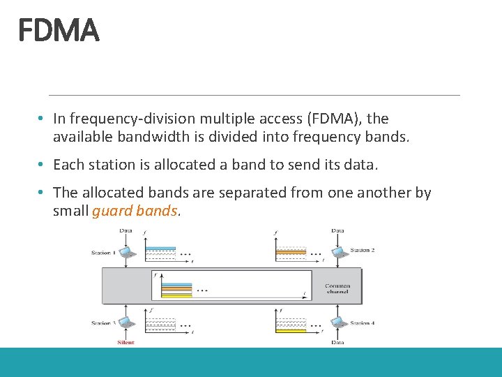 FDMA • In frequency-division multiple access (FDMA), the available bandwidth is divided into frequency