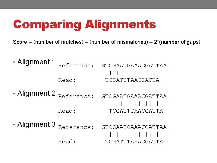 Comparing Alignments Score = (number of matches) – (number of mismatches) – 2*(number of