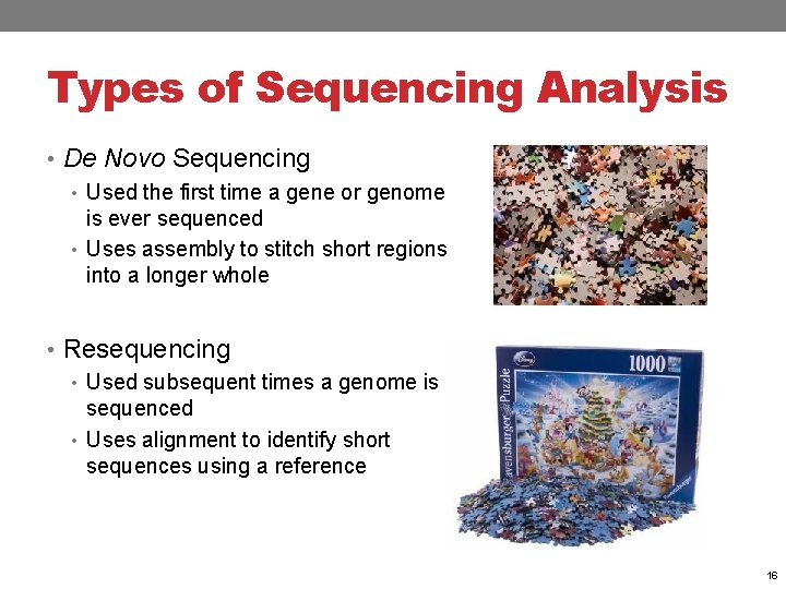 Types of Sequencing Analysis • De Novo Sequencing • Used the first time a