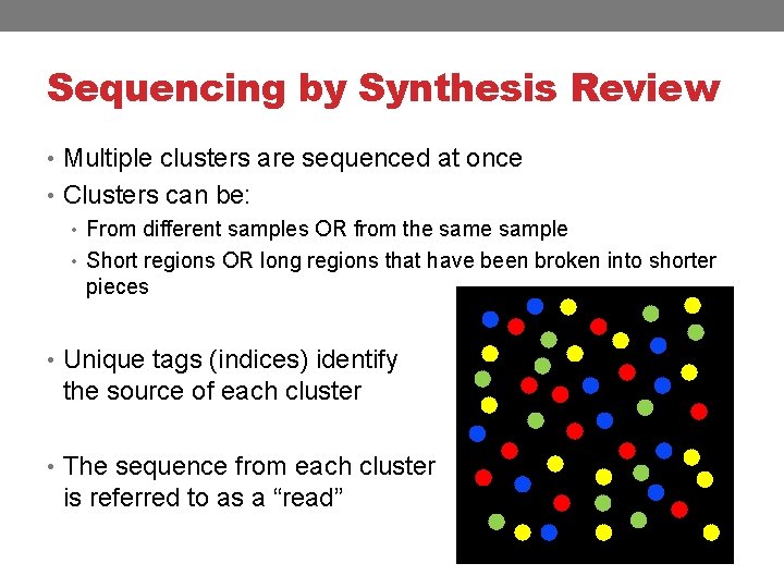 Sequencing by Synthesis Review • Multiple clusters are sequenced at once • Clusters can