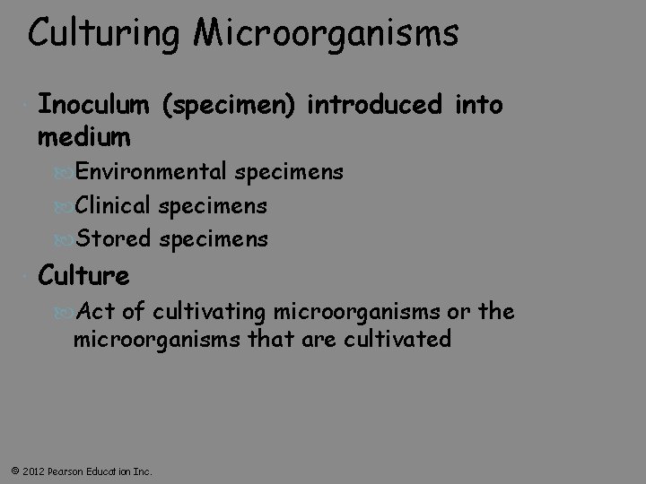 Culturing Microorganisms Inoculum (specimen) introduced into medium Environmental specimens Clinical specimens Stored specimens Culture