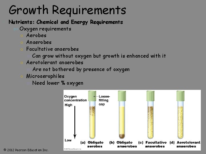 Growth Requirements Nutrients: Chemical and Energy Requirements Oxygen requirements ○ Aerobes ○ Anaerobes ○