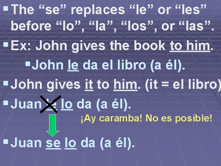 § The “se” replaces “le” or “les” before “lo”, “la”, “los”, or “las”. §
