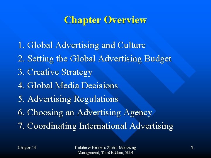 Chapter Overview 1. Global Advertising and Culture 2. Setting the Global Advertising Budget 3.