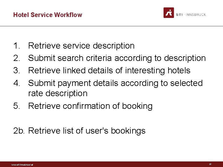 Hotel Service Workflow 1. 2. 3. 4. Retrieve service description Submit search criteria according