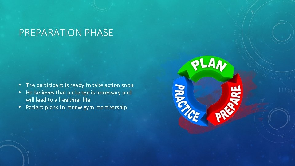 PREPARATION PHASE • The participant is ready to take action soon • He believes