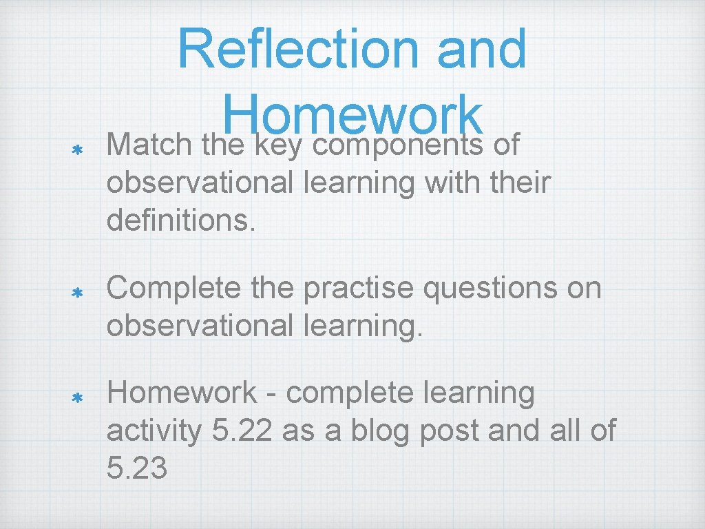 Reflection and Homework Match the key components of observational learning with their definitions. Complete