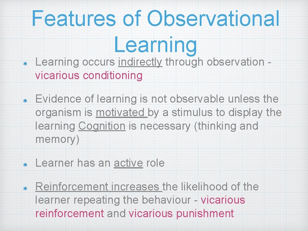 Features of Observational Learning occurs indirectly through observation vicarious conditioning Evidence of learning is
