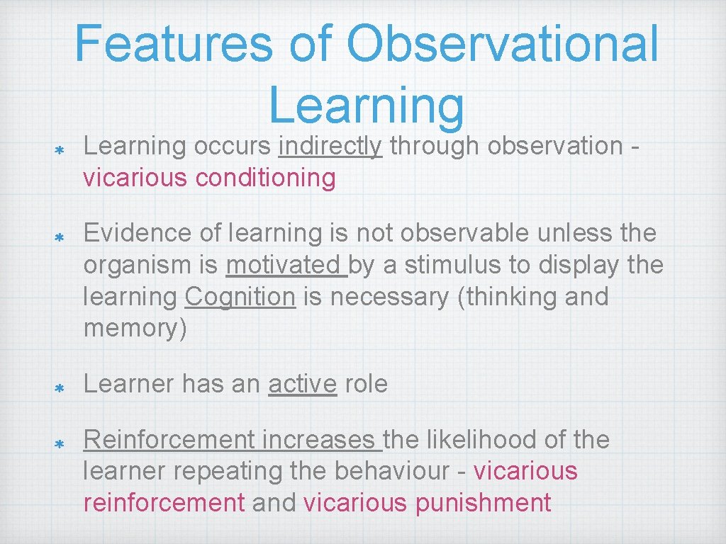 Features of Observational Learning occurs indirectly through observation vicarious conditioning Evidence of learning is