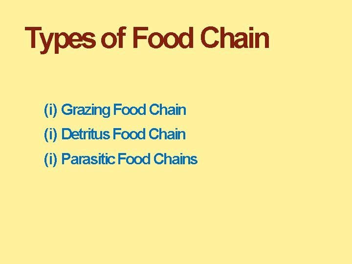 Types of Food Chain (i) Grazing Food Chain (i) Detritus Food Chain (i) Parasitic