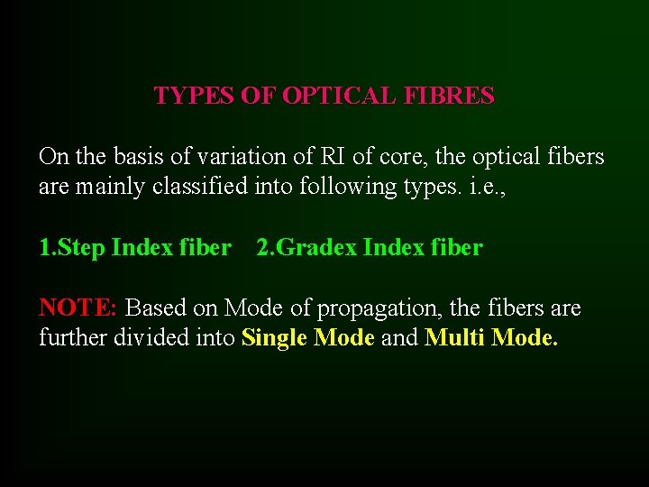 TYPES OF OPTICAL FIBRES On the basis of variation of RI of core, the