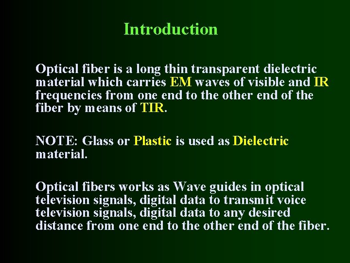 Introduction Optical fiber is a long thin transparent dielectric material which carries EM waves