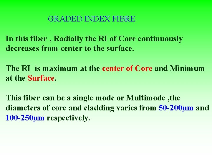 GRADED INDEX FIBRE In this fiber , Radially the RI of Core continuously decreases