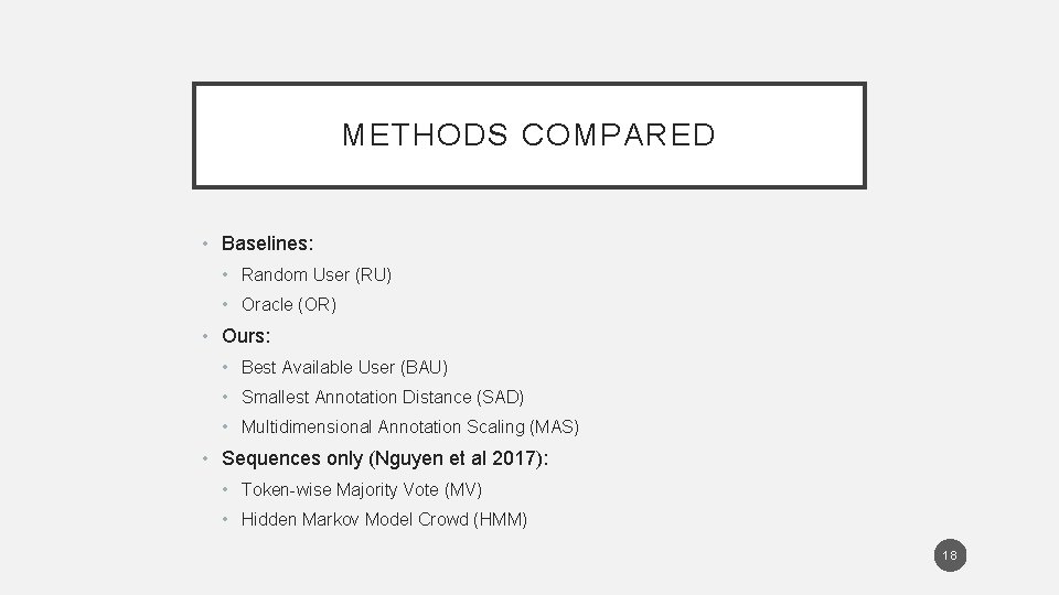 METHODS COMPARED • Baselines: • Random User (RU) • Oracle (OR) • Ours: •