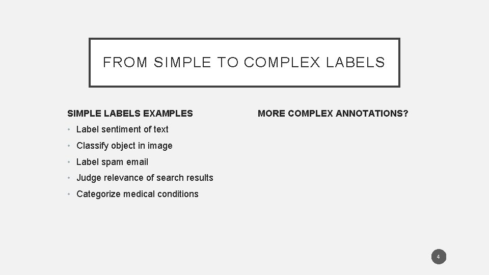 FROM SIMPLE TO COMPLEX LABELS SIMPLE LABELS EXAMPLES MORE COMPLEX ANNOTATIONS? • Label sentiment