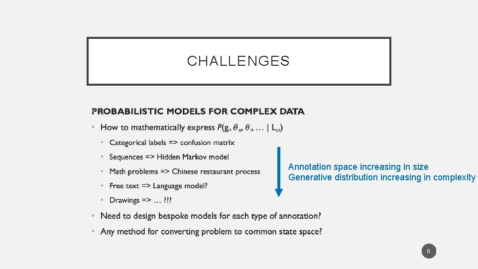 CHALLENGES • Annotation space increasing in size Generative distribution increasing in complexity 8 