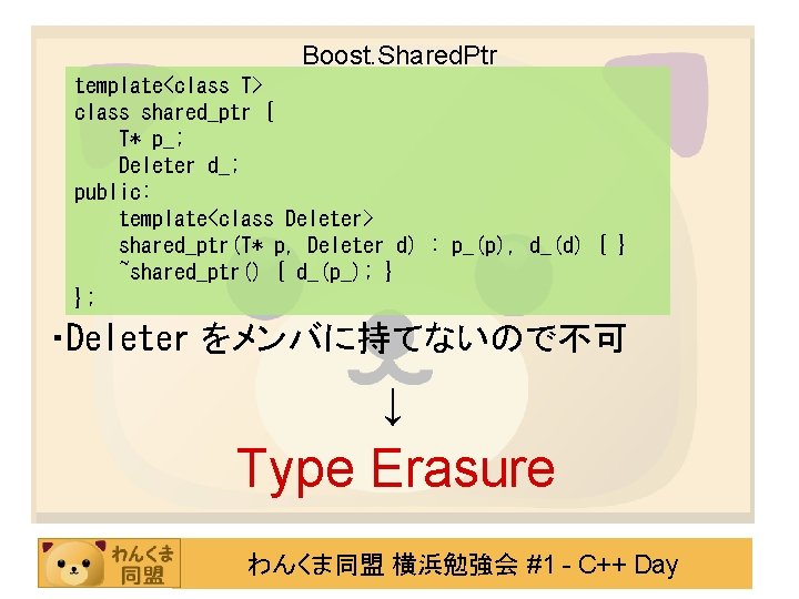 Boost. Shared. Ptr template<class T> class shared_ptr { T* p_; Deleter d_; public: template<class