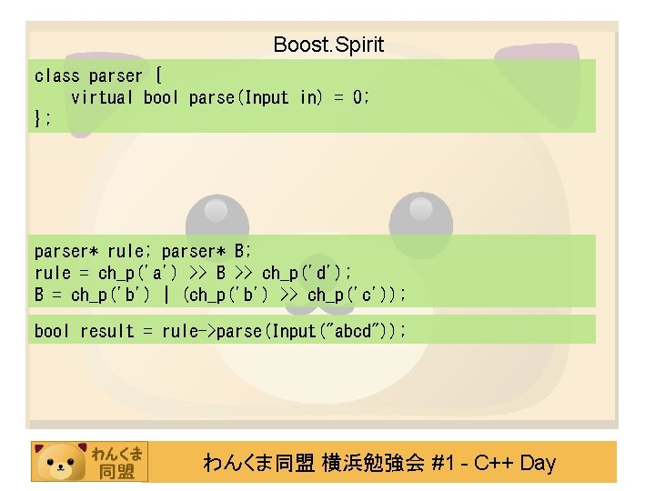 Boost. Spirit class parser { virtual bool parse(Input in) = 0; }; parser* rule;